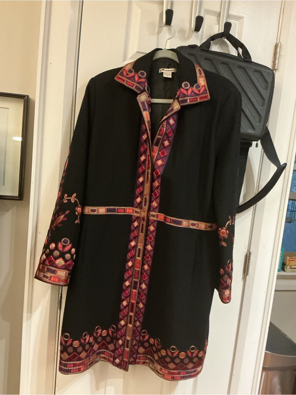 Embroidered Black Trench Coat with Multicolor Trim